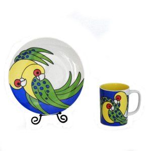 Fitz and Floyd Dessert Plate and Mug Set Bright Parrots 1979 Exotic Tropical